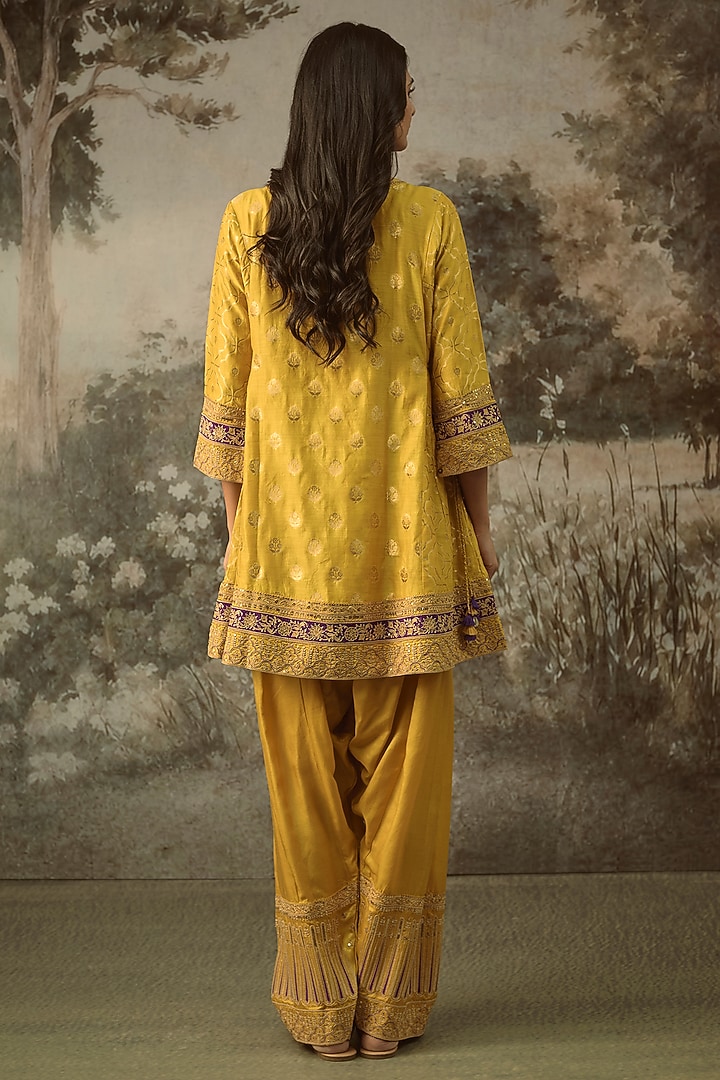 Mustard Fine Chanderi Banarasi Marodi Embroidered Kurta Set by SHRADDHA RAMBHIA at Pernia's Pop Up Shop