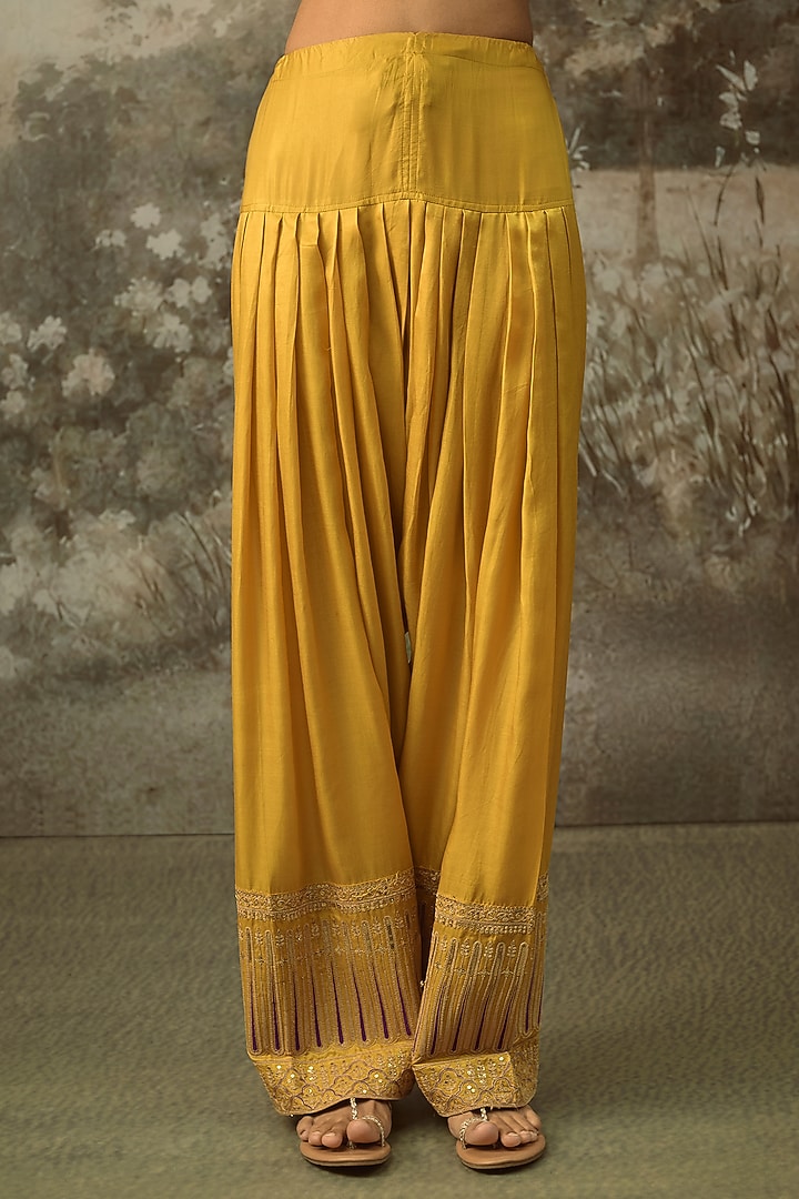 Mustard Fine Chanderi Banarasi Marodi Embroidered Kurta Set by SHRADDHA RAMBHIA at Pernia's Pop Up Shop