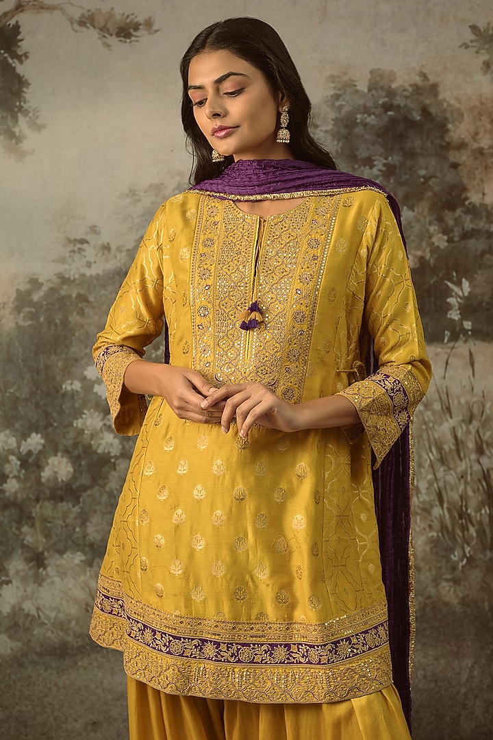 Mustard Fine Chanderi Banarasi Marodi Embroidered Kurta Set by SHRADDHA RAMBHIA at Pernia's Pop Up Shop