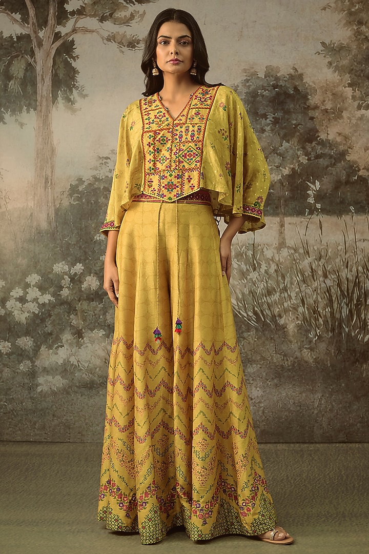 Mustard Vegan Slub Silk Palazzo Set by SHRADDHA RAMBHIA at Pernia's Pop Up Shop
