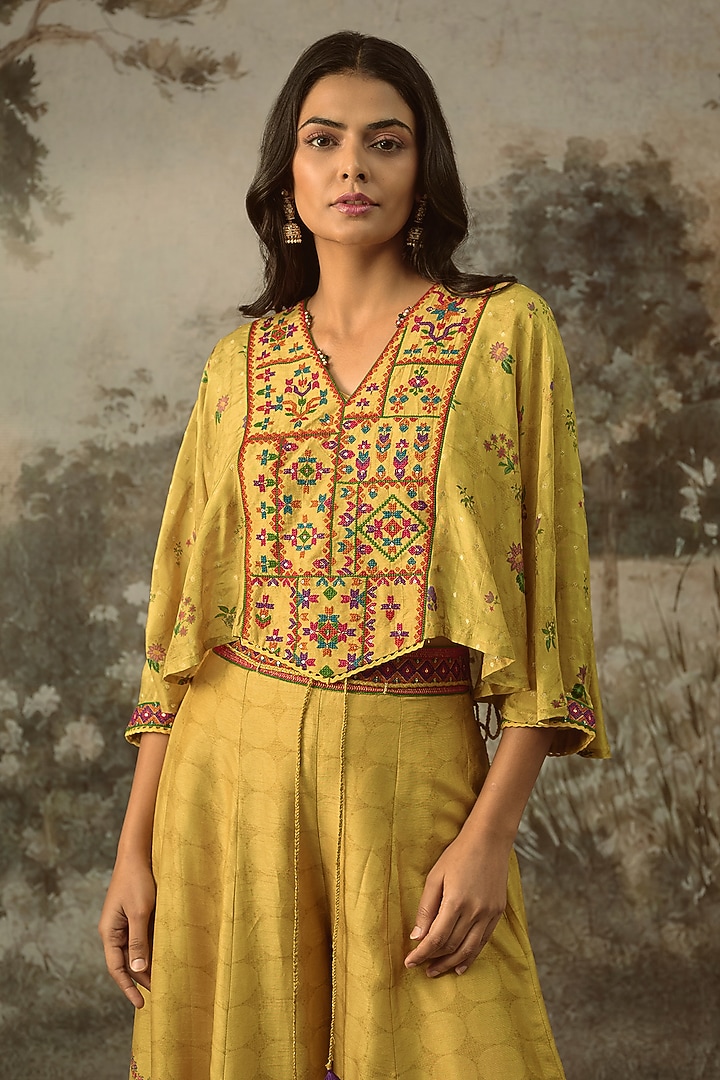 Mustard Vegan Slub Silk Palazzo Set by SHRADDHA RAMBHIA at Pernia's Pop Up Shop
