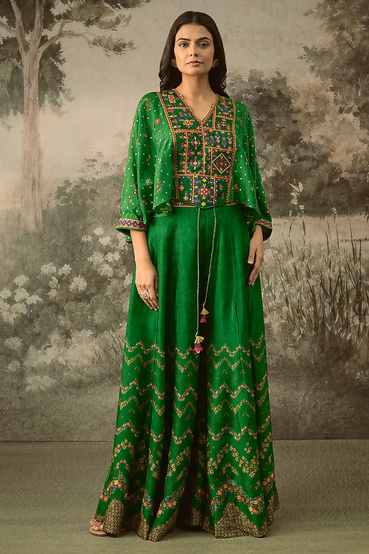 Bottle Green Vegan Slub Silk Palazzo Set by SHRADDHA RAMBHIA at Pernia's Pop Up Shop