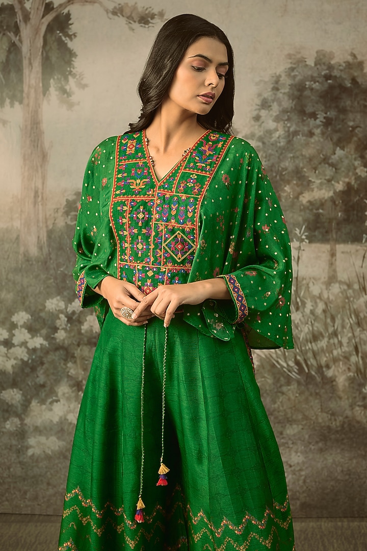 Bottle Green Vegan Slub Silk Palazzo Set by SHRADDHA RAMBHIA at Pernia's Pop Up Shop