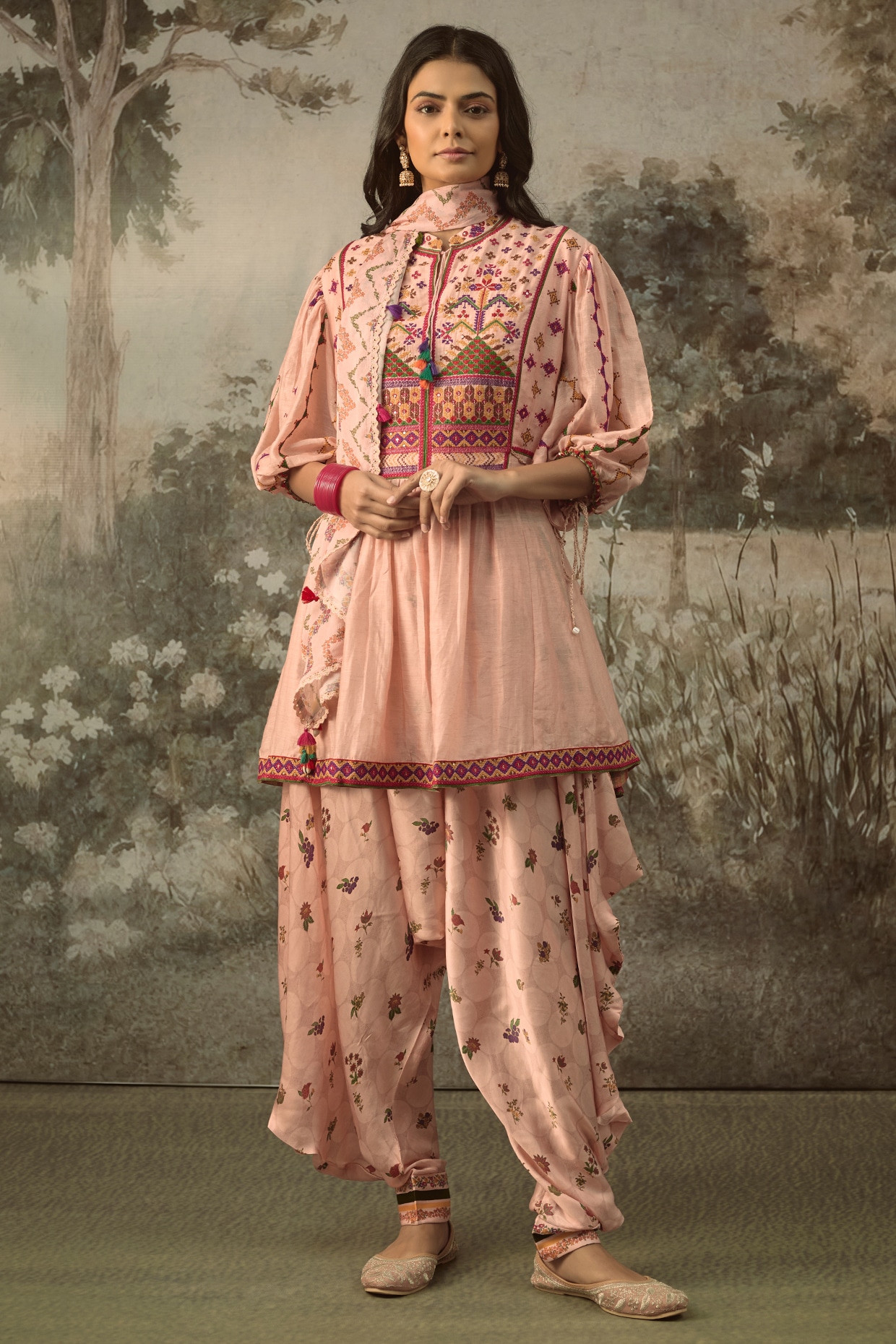SHRADDHA RAMBHIA Pink Vegan Linen Silk Cross-Stitch Embroidered Tie-Up kurta Set