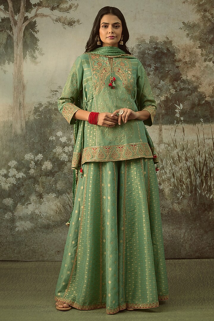 Duck-Egg Blue Fine Chanderi Tissue Embroidered Short Kurta Set by SHRADDHA RAMBHIA at Pernia's Pop Up Shop