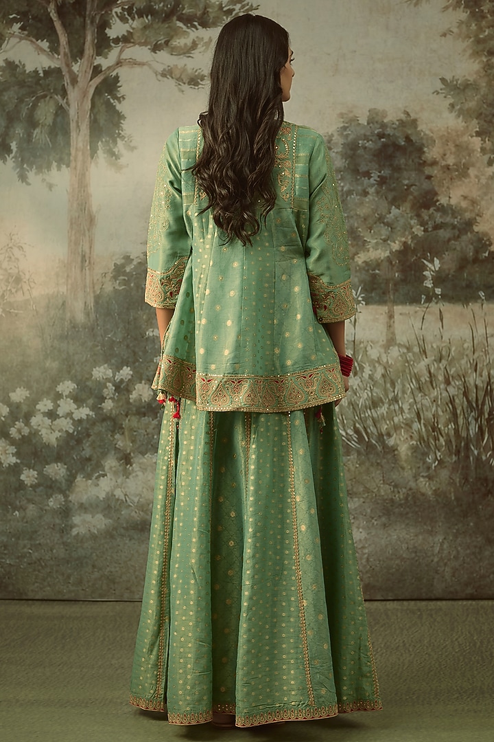 Duck-Egg Blue Fine Chanderi Tissue Embroidered Short Kurta Set by SHRADDHA RAMBHIA at Pernia's Pop Up Shop