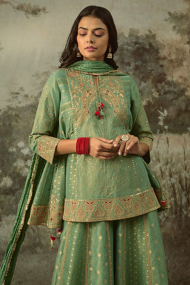 Duck-Egg Blue Fine Chanderi Tissue Embroidered Short Kurta Set by SHRADDHA RAMBHIA at Pernia's Pop Up Shop