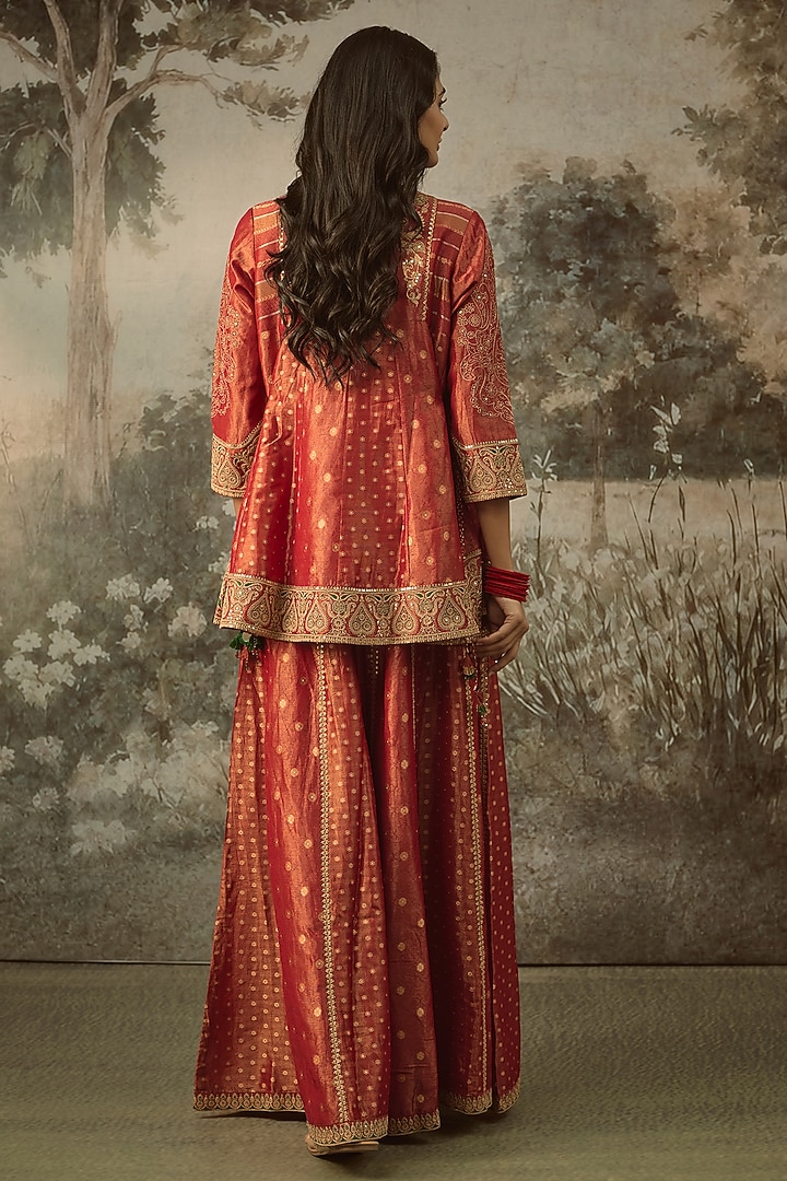 Red Fine Chanderi Tissue Embroidered Short Kurta Set by SHRADDHA RAMBHIA at Pernia's Pop Up Shop