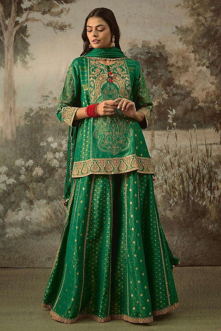 Bottle Green Fine Chanderi Tissue Embroidered Short Kurta Set by SHRADDHA RAMBHIA at Pernia's Pop Up Shop