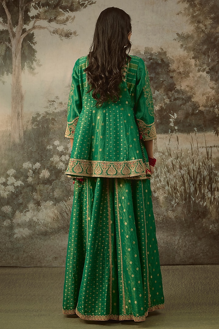 Bottle Green Fine Chanderi Tissue Embroidered Short Kurta Set by SHRADDHA RAMBHIA at Pernia's Pop Up Shop