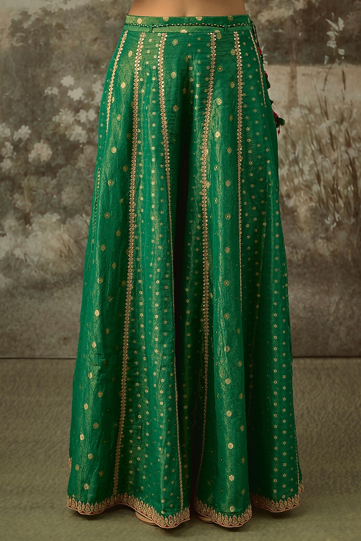 Bottle Green Fine Chanderi Tissue Embroidered Short Kurta Set by SHRADDHA RAMBHIA at Pernia's Pop Up Shop