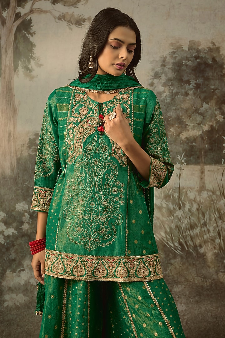 Bottle Green Fine Chanderi Tissue Embroidered Short Kurta Set by SHRADDHA RAMBHIA at Pernia's Pop Up Shop