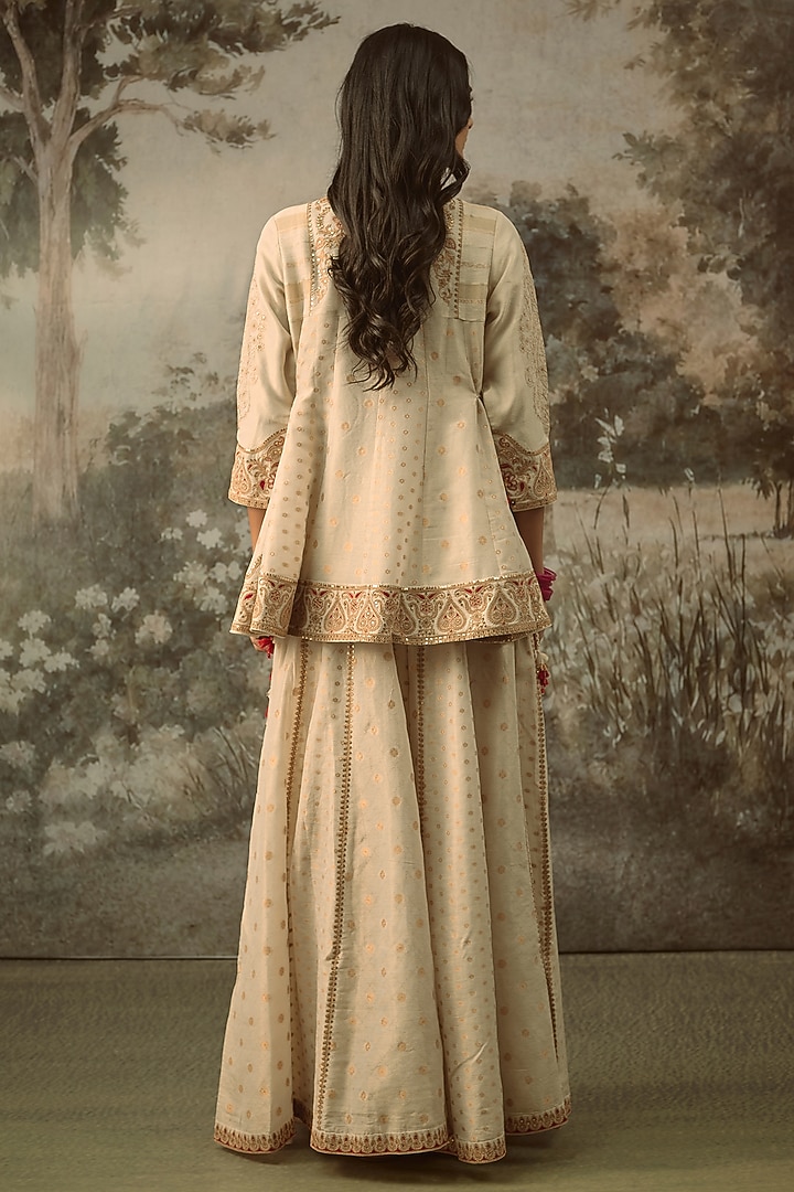 Ivory Fine Chanderi Tissue Embroidered Short Kurta Set by SHRADDHA RAMBHIA at Pernia's Pop Up Shop