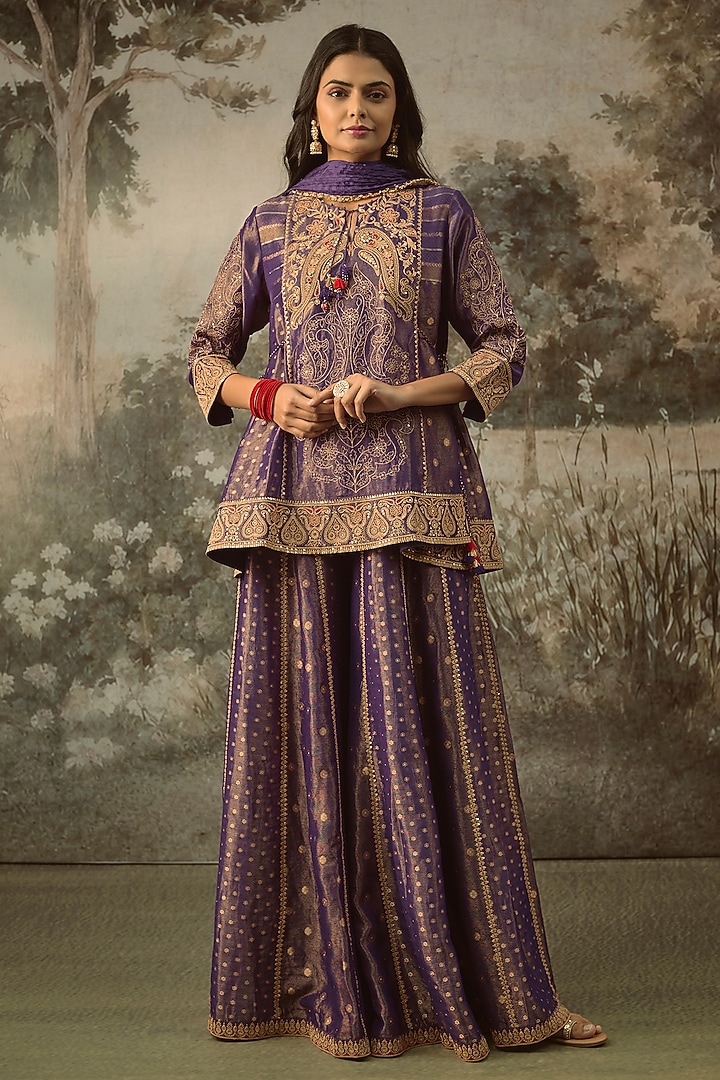 Purple Fine Chanderi Tissue Embroidered Short Kurta Set by SHRADDHA RAMBHIA at Pernia's Pop Up Shop