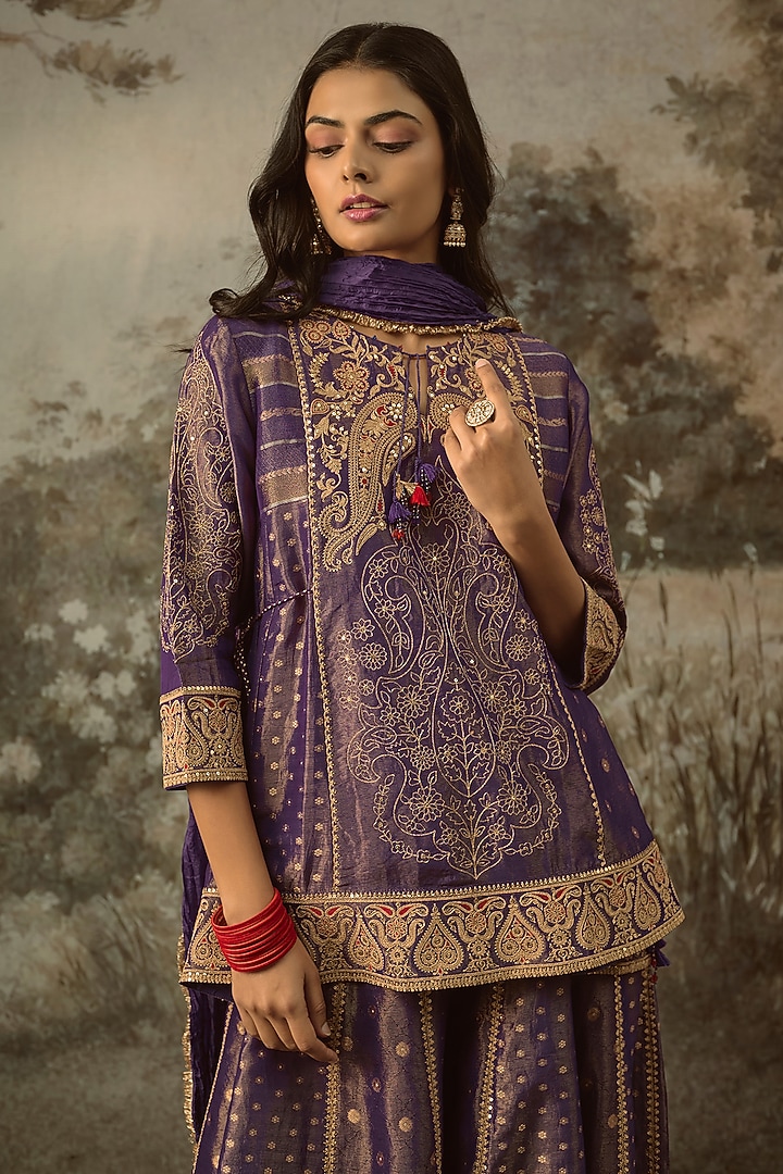 Purple Fine Chanderi Tissue Embroidered Short Kurta Set by SHRADDHA RAMBHIA at Pernia's Pop Up Shop