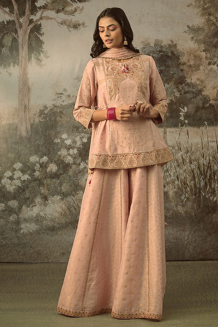 Blush Pink Fine Chanderi Tissue Embroidered Short Kurta Set by SHRADDHA RAMBHIA at Pernia's Pop Up Shop