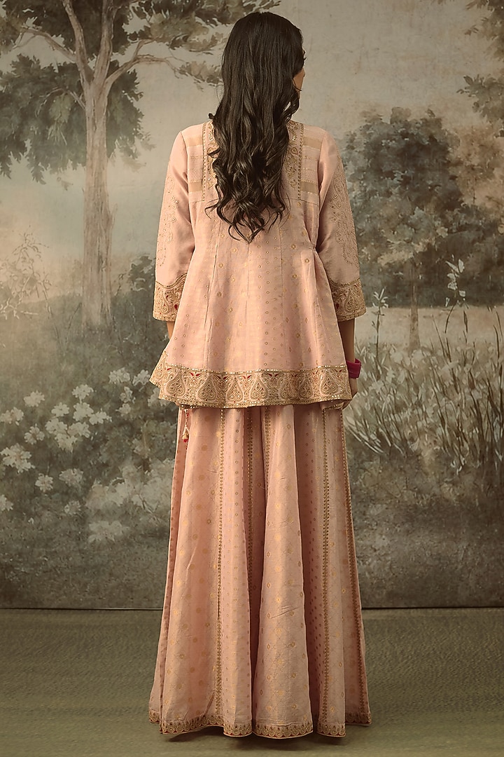 Blush Pink Fine Chanderi Tissue Embroidered Short Kurta Set by SHRADDHA RAMBHIA at Pernia's Pop Up Shop