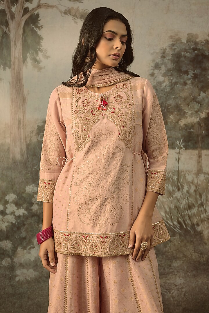 Blush Pink Fine Chanderi Tissue Embroidered Short Kurta Set by SHRADDHA RAMBHIA at Pernia's Pop Up Shop