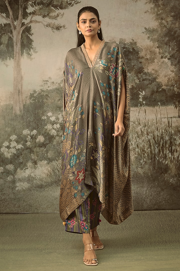 Grey Modal Satin Striped Draped Kaftan Set by SHRADDHA RAMBHIA at Pernia's Pop Up Shop