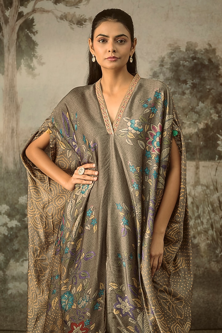Grey Modal Satin Striped Draped Kaftan Set by SHRADDHA RAMBHIA at Pernia's Pop Up Shop