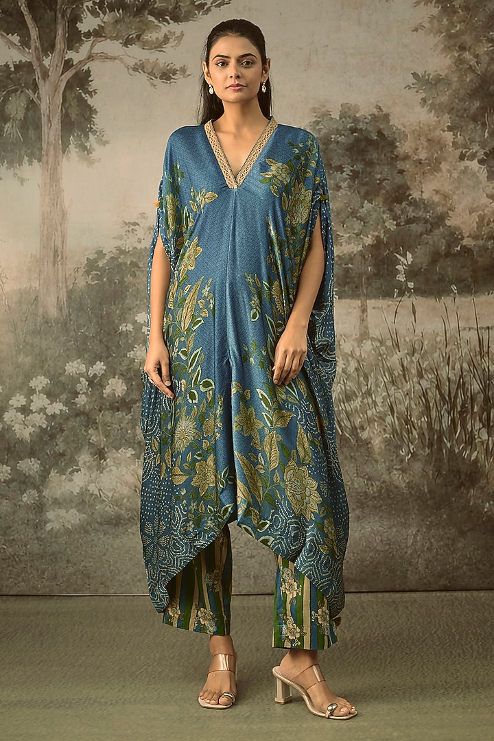 Blue Modal Satin Striped Draped Kaftan Set by SHRADDHA RAMBHIA at Pernia's Pop Up Shop