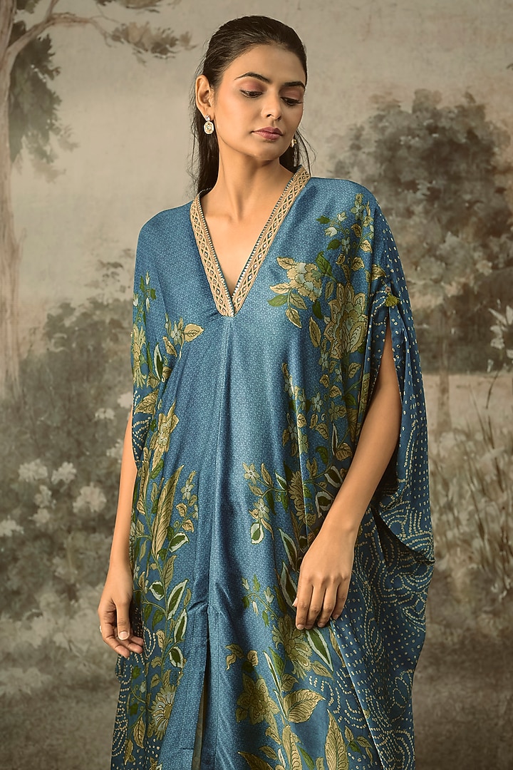 Blue Modal Satin Striped Draped Kaftan Set by SHRADDHA RAMBHIA at Pernia's Pop Up Shop