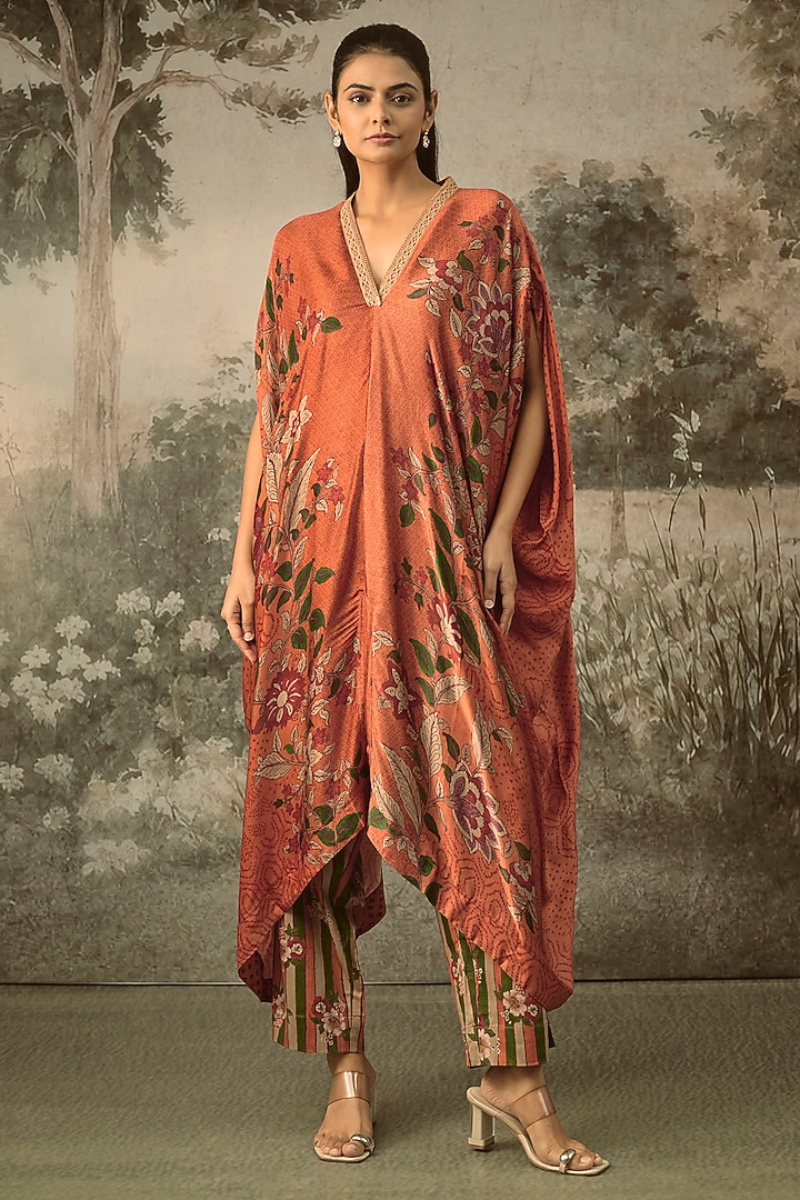 Orange Modal Satin Striped Draped Kaftan Set by SHRADDHA RAMBHIA at Pernia's Pop Up Shop