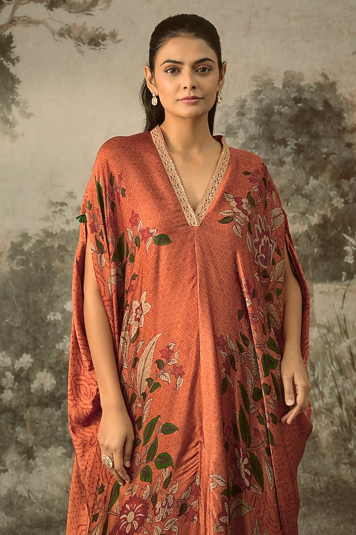 Orange Modal Satin Striped Draped Kaftan Set by SHRADDHA RAMBHIA at Pernia's Pop Up Shop
