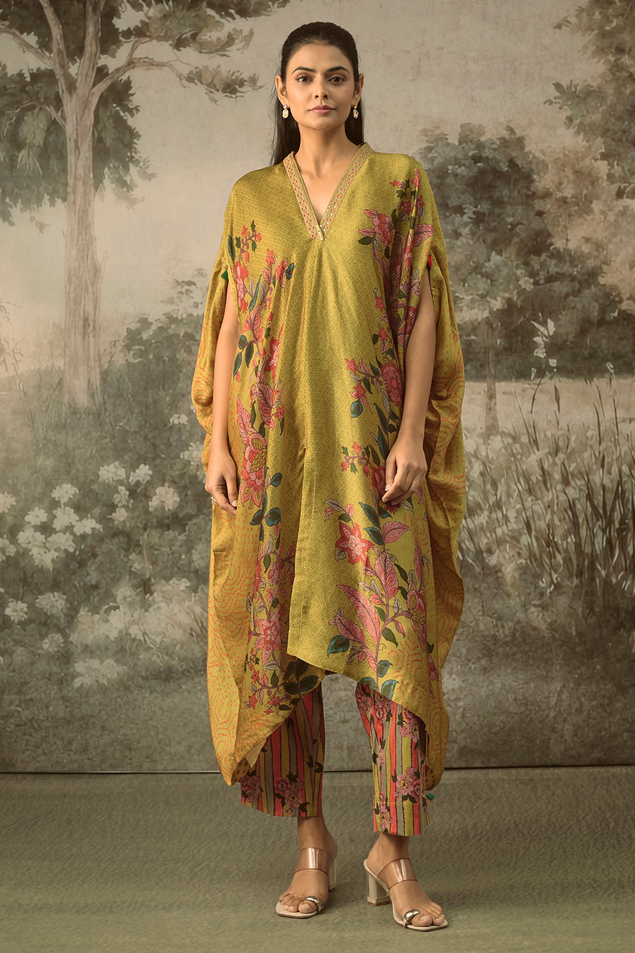 SHRADDHA RAMBHIA Mustard Modal Satin Striped Draped Kaftan Set
