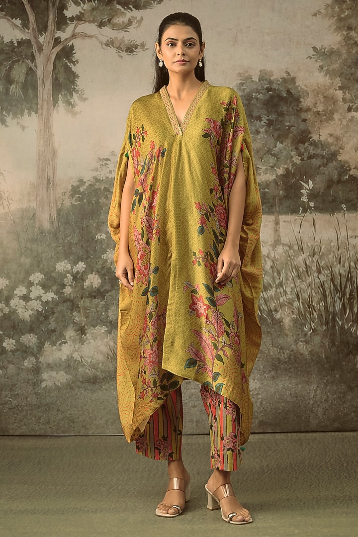 Mustard Modal Satin Striped Draped Kaftan Set by SHRADDHA RAMBHIA at Pernia's Pop Up Shop