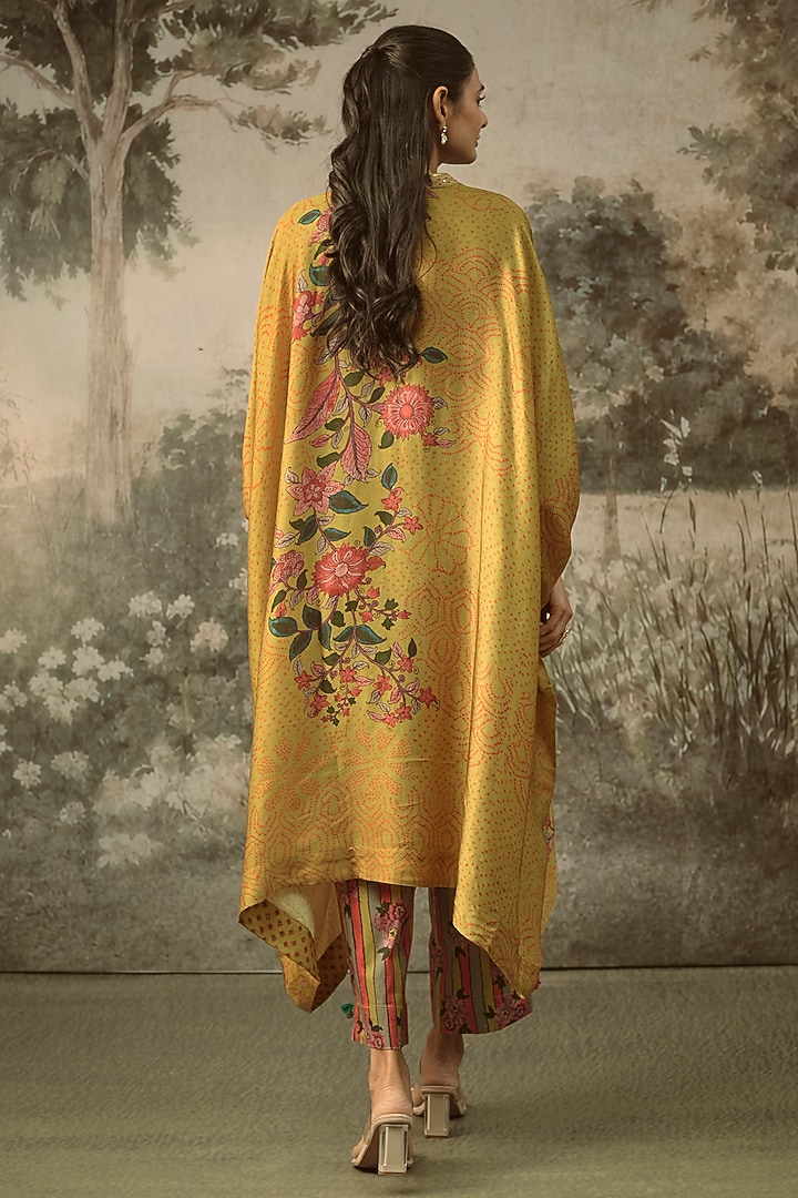 Mustard Modal Satin Striped Draped Kaftan Set by SHRADDHA RAMBHIA at Pernia's Pop Up Shop