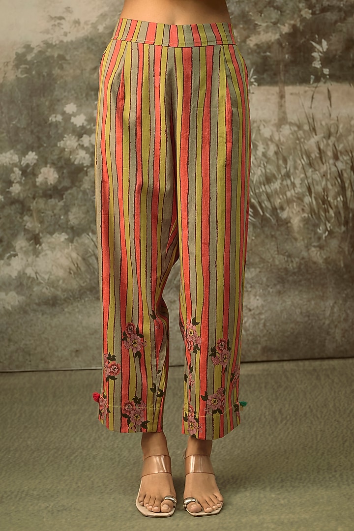 Mustard Modal Satin Striped Draped Kaftan Set by SHRADDHA RAMBHIA at Pernia's Pop Up Shop