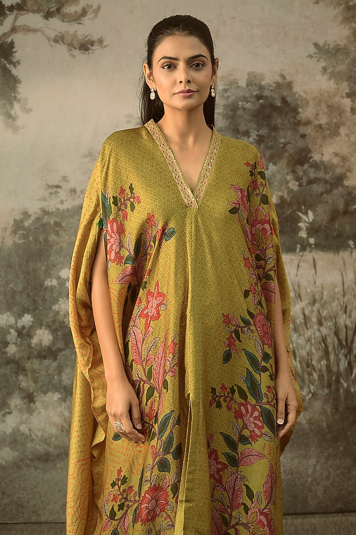 Mustard Modal Satin Striped Draped Kaftan Set by SHRADDHA RAMBHIA at Pernia's Pop Up Shop
