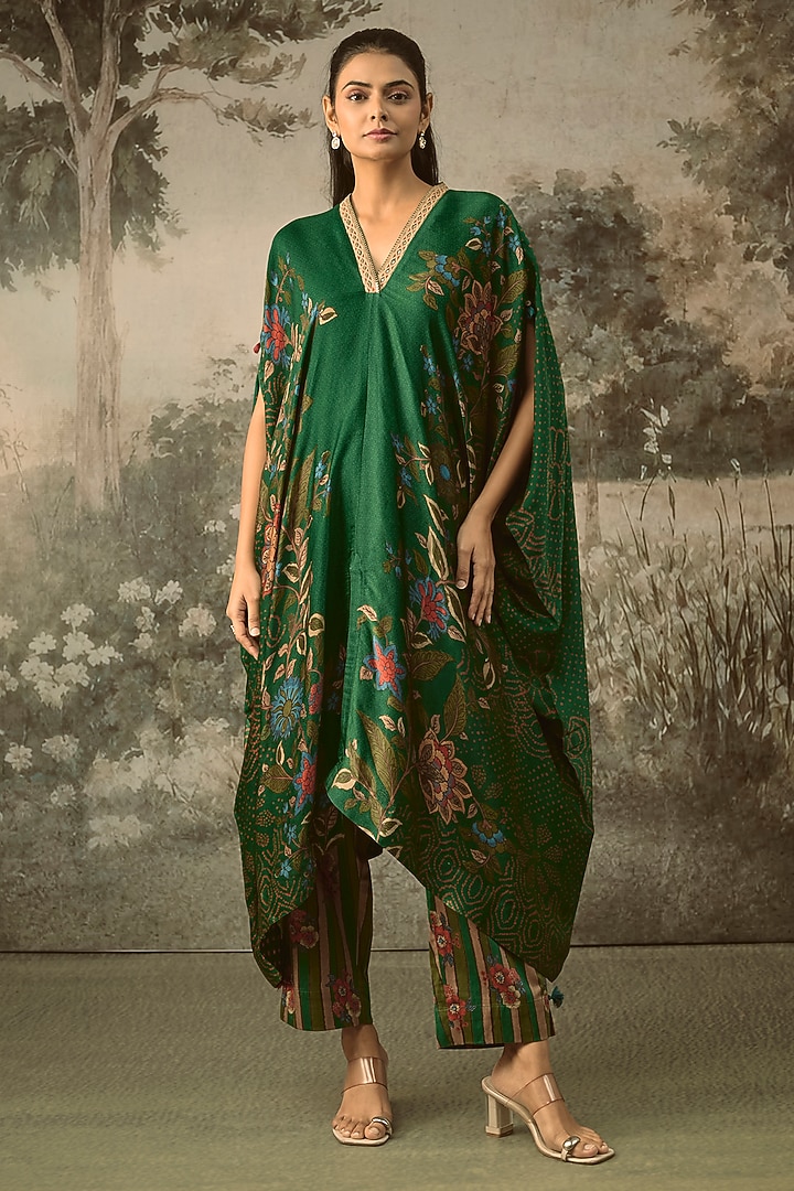 Bottle Green Modal Satin Striped Draped Kaftan Set by SHRADDHA RAMBHIA at Pernia's Pop Up Shop