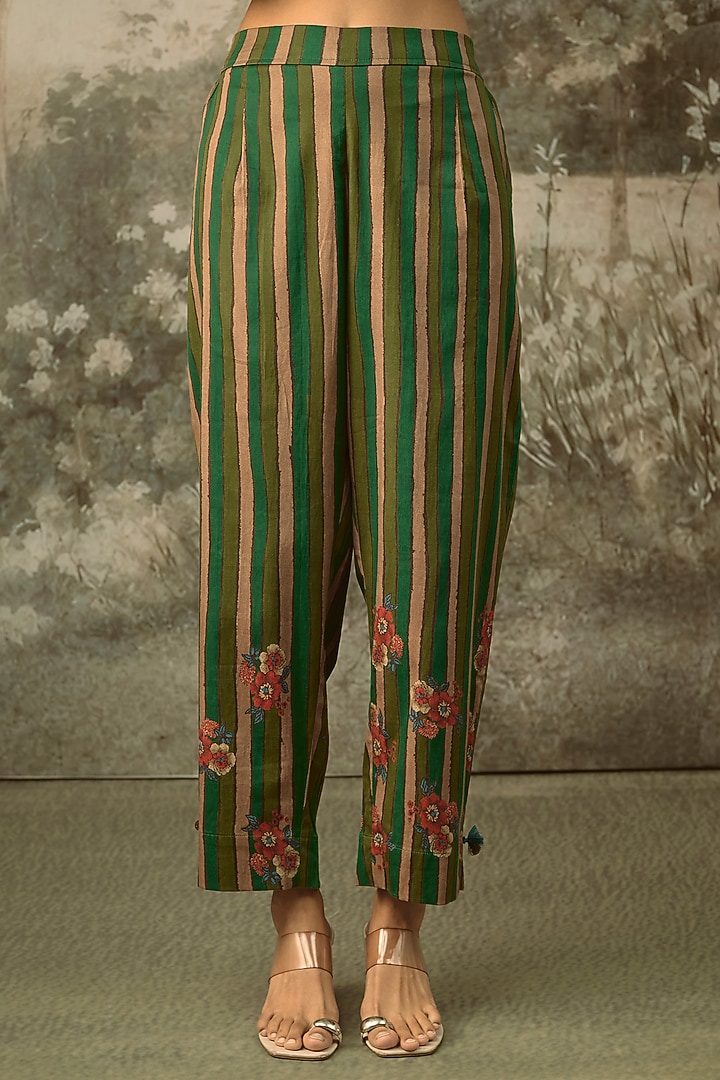 Bottle Green Modal Satin Striped Draped Kaftan Set by SHRADDHA RAMBHIA at Pernia's Pop Up Shop
