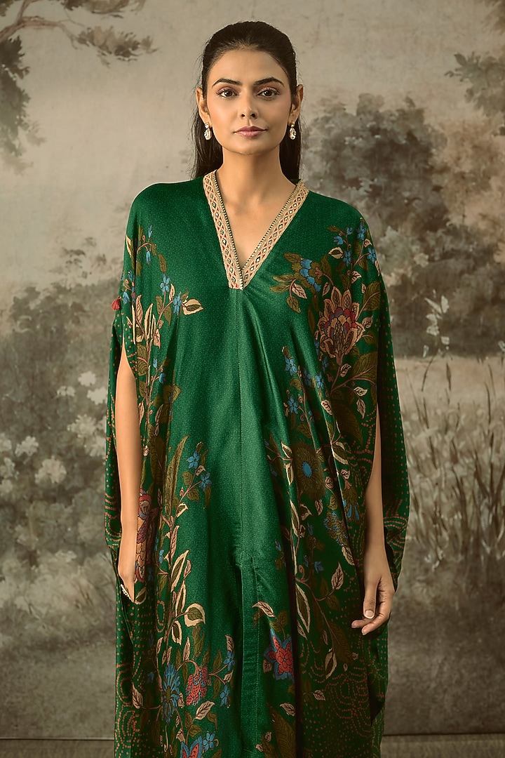 Bottle Green Modal Satin Striped Draped Kaftan Set by SHRADDHA RAMBHIA at Pernia's Pop Up Shop