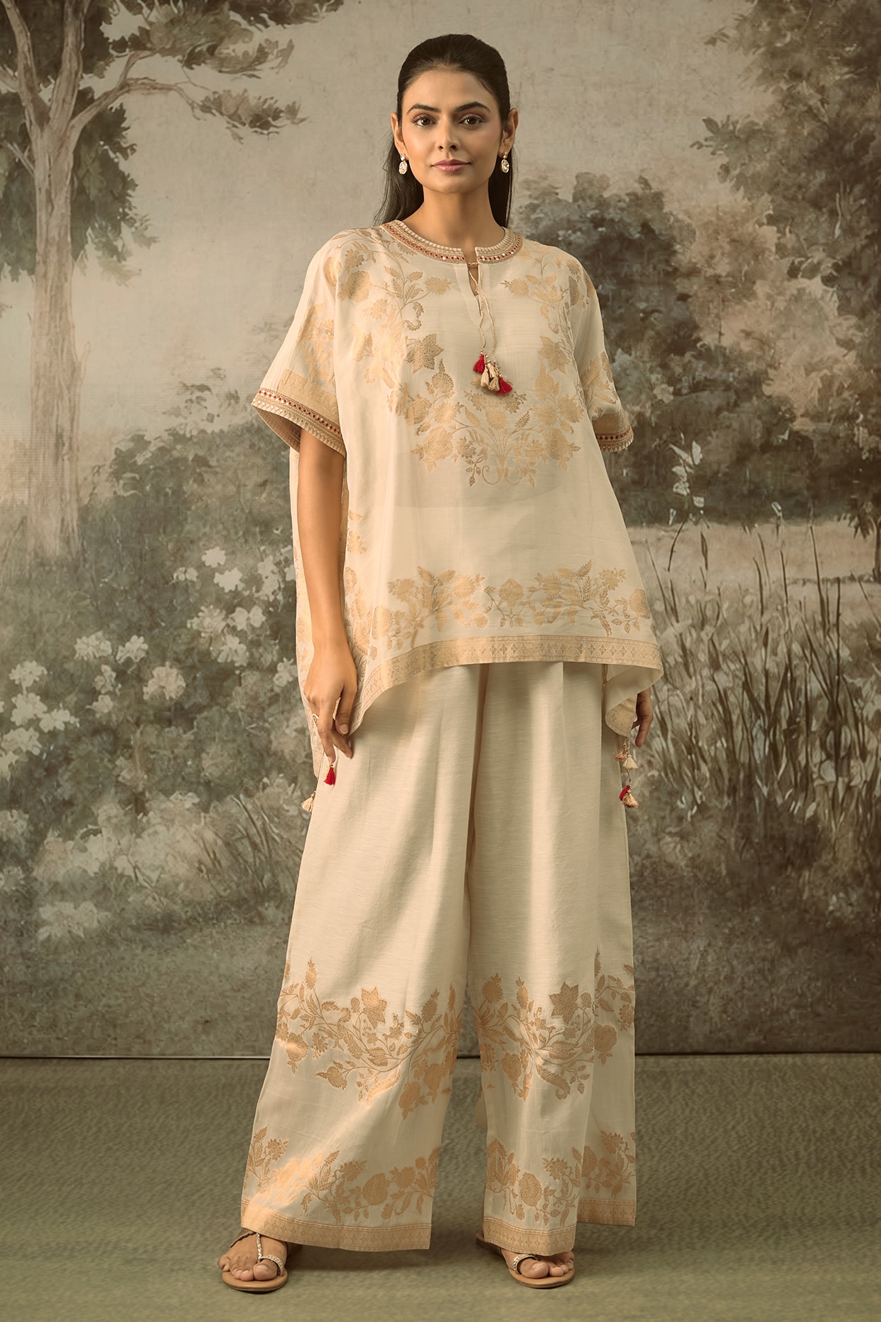 SHRADDHA RAMBHIA Ivory Fine Chanderi Tissue Floral Embroidered Co-Ord Set
