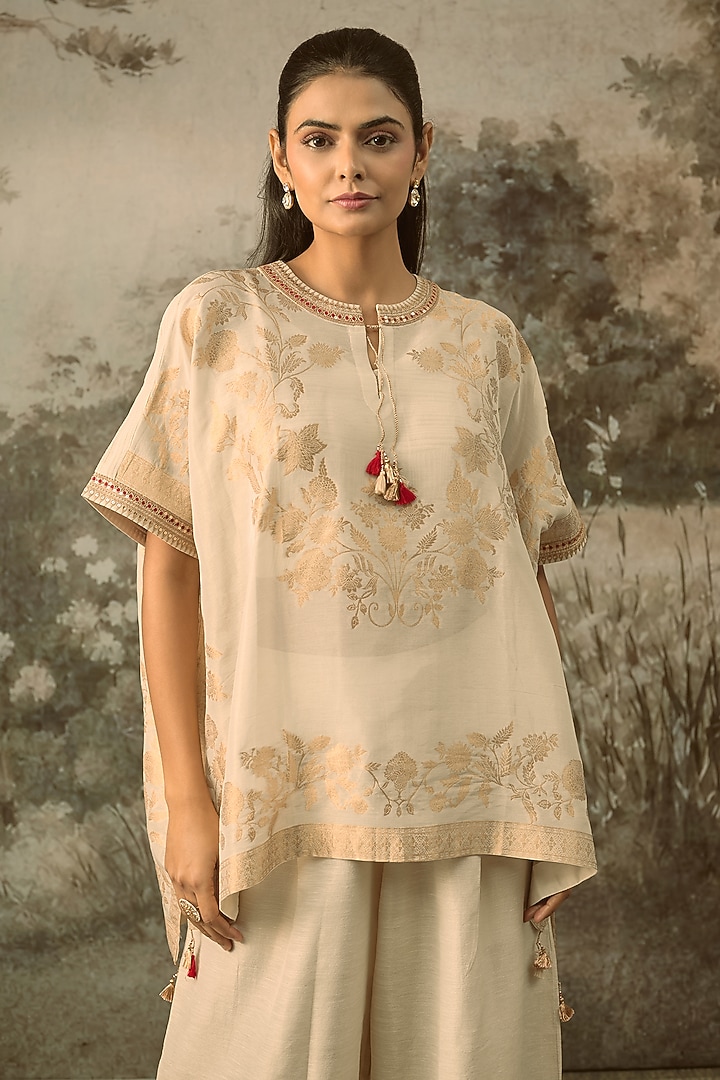 Ivory Fine Chanderi Tissue Floral Embroidered Co-Ord Set by SHRADDHA RAMBHIA at Pernia's Pop Up Shop