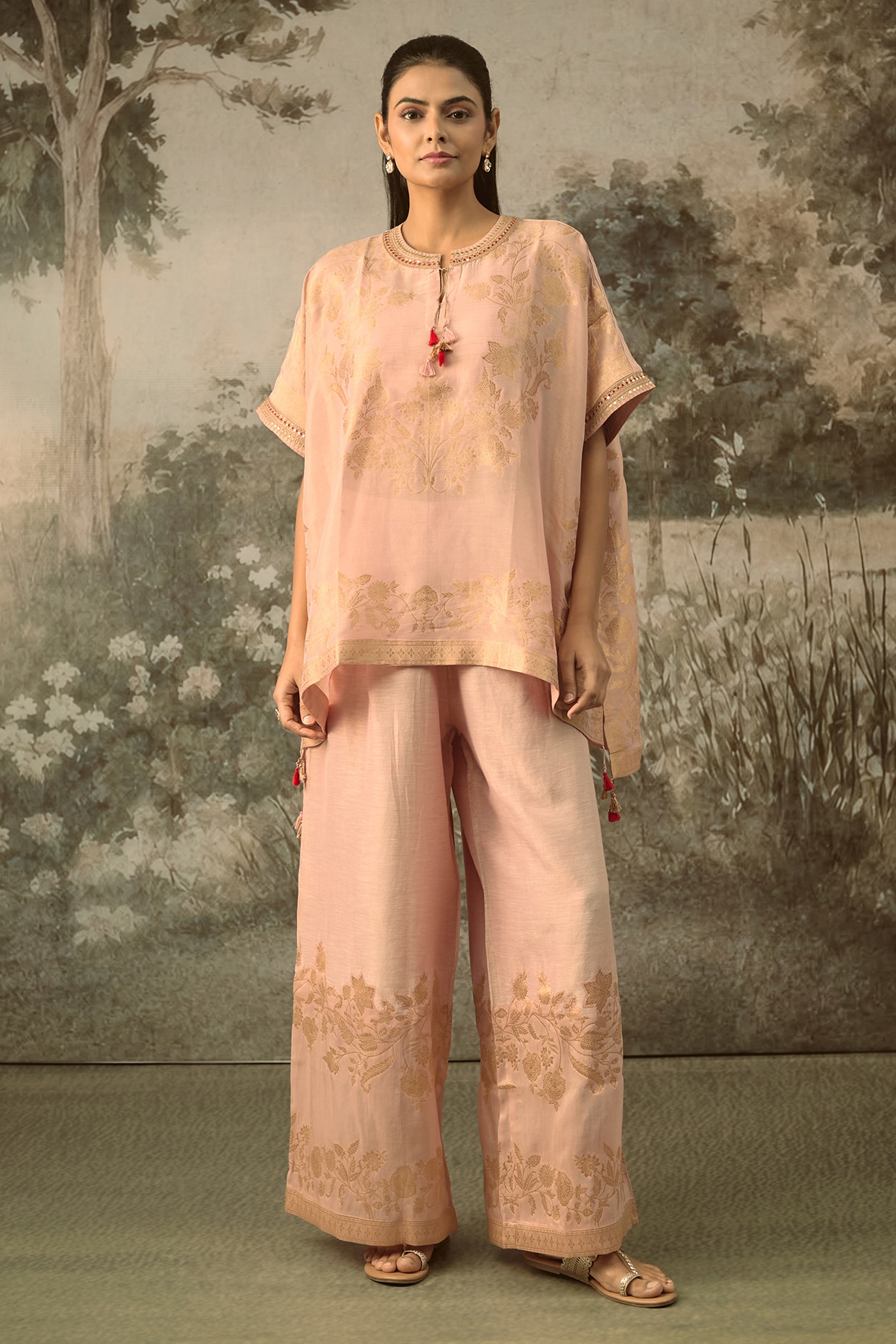 SHRADDHA RAMBHIA Pink Fine Chanderi Tissue Floral Embroidered Co-Ord Set