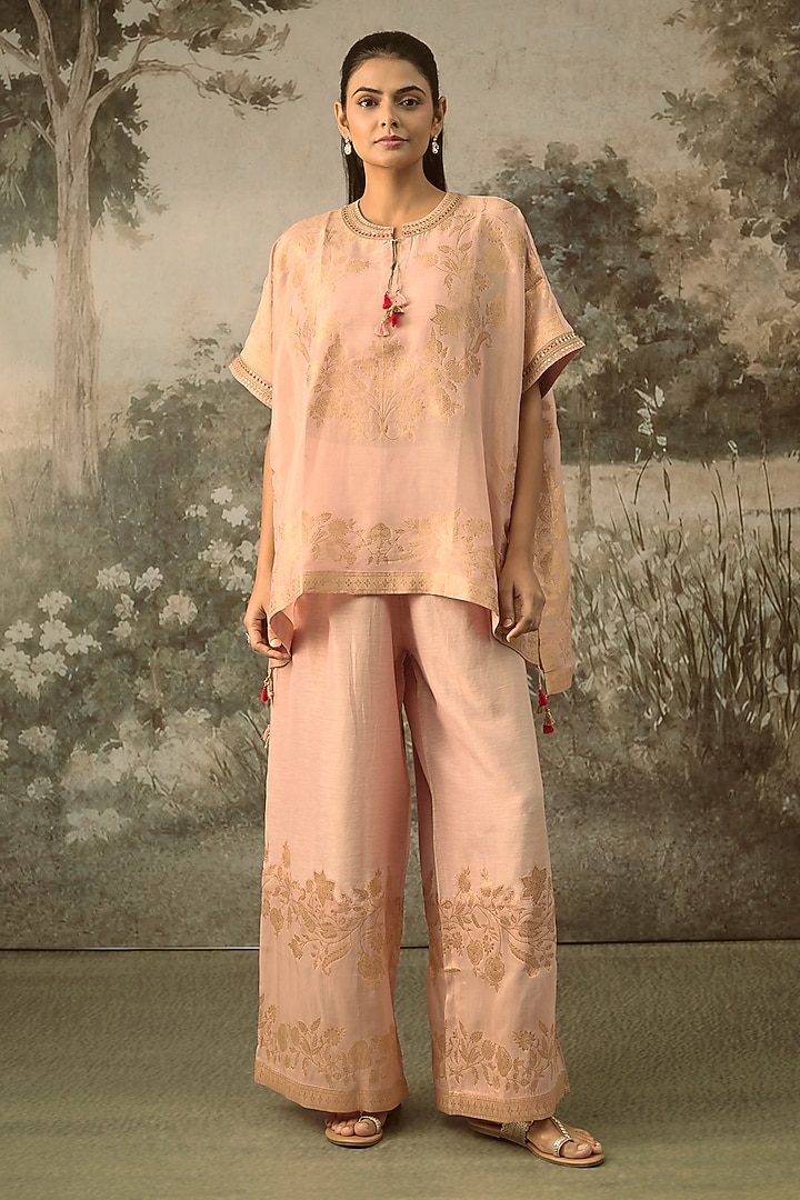 Pink Fine Chanderi Tissue Floral Embroidered Co-Ord Set by SHRADDHA RAMBHIA at Pernia's Pop Up Shop