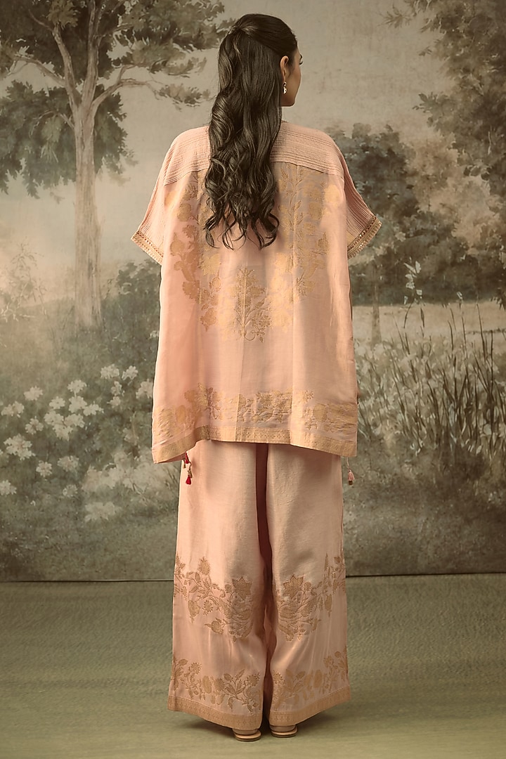 Pink Fine Chanderi Tissue Floral Embroidered Co-Ord Set by SHRADDHA RAMBHIA at Pernia's Pop Up Shop