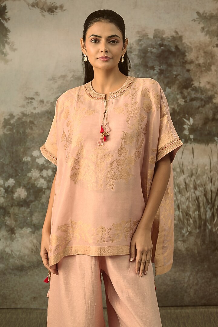Pink Fine Chanderi Tissue Floral Embroidered Co-Ord Set by SHRADDHA RAMBHIA at Pernia's Pop Up Shop