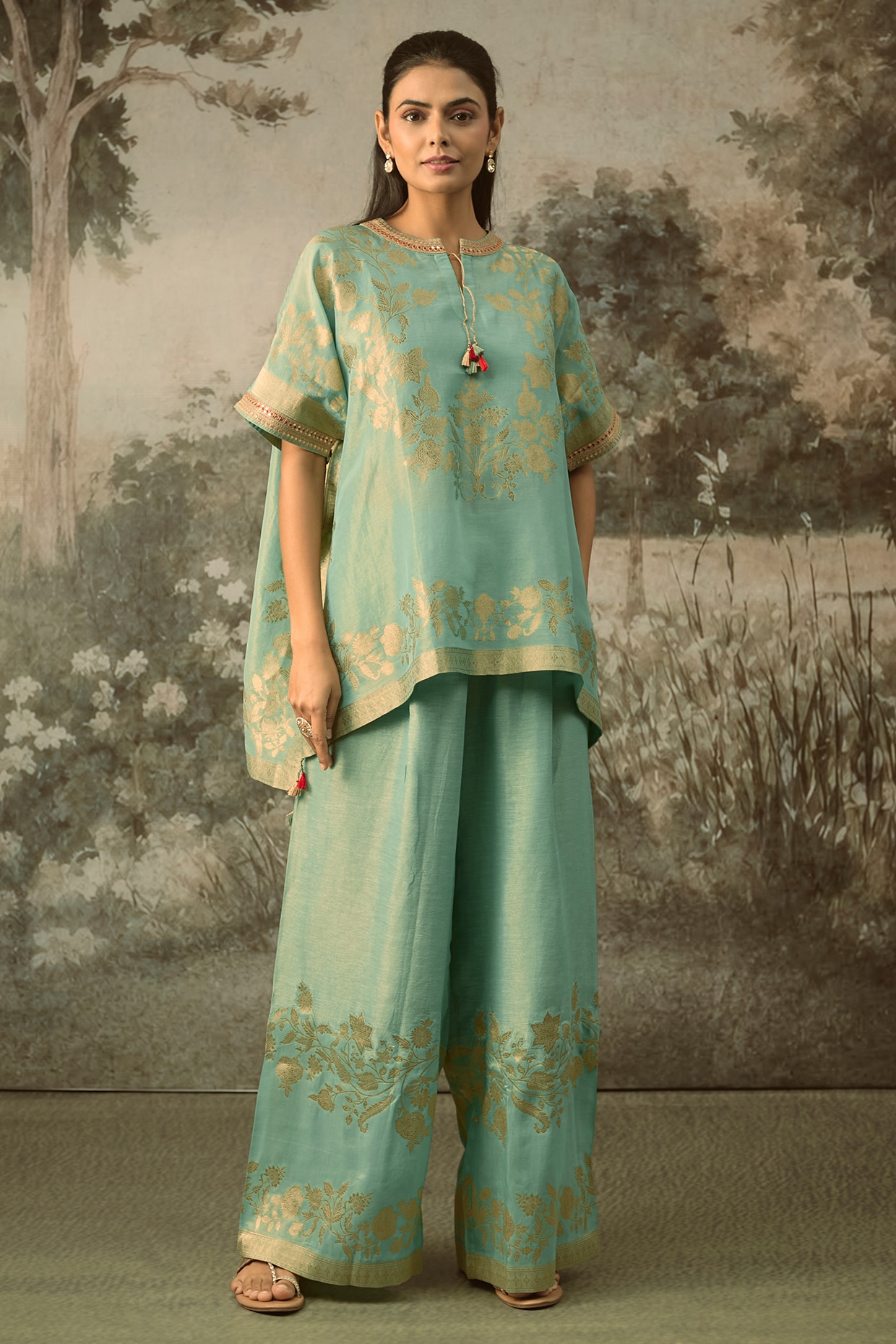 SHRADDHA RAMBHIA Duck-Egg Blue Fine Chanderi Tissue Floral Embroidered Co-Ord Set
