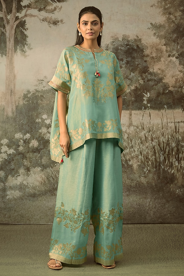 Duck-Egg Blue Fine Chanderi Tissue Floral Embroidered Co-Ord Set by SHRADDHA RAMBHIA at Pernia's Pop Up Shop