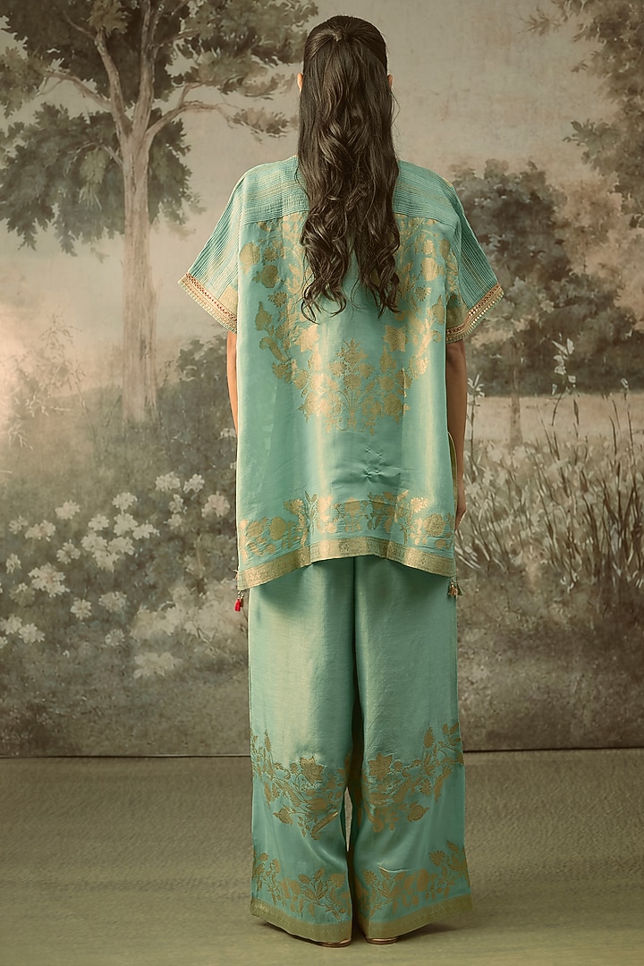 Duck-Egg Blue Fine Chanderi Tissue Floral Embroidered Co-Ord Set by SHRADDHA RAMBHIA at Pernia's Pop Up Shop