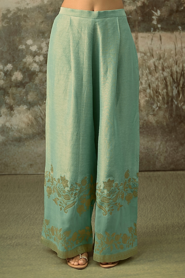Duck-Egg Blue Fine Chanderi Tissue Floral Embroidered Co-Ord Set by SHRADDHA RAMBHIA at Pernia's Pop Up Shop
