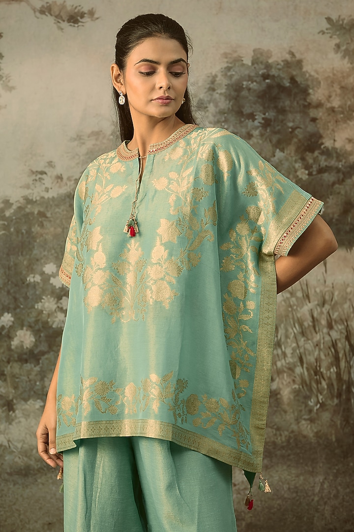 Duck-Egg Blue Fine Chanderi Tissue Floral Embroidered Co-Ord Set by SHRADDHA RAMBHIA at Pernia's Pop Up Shop