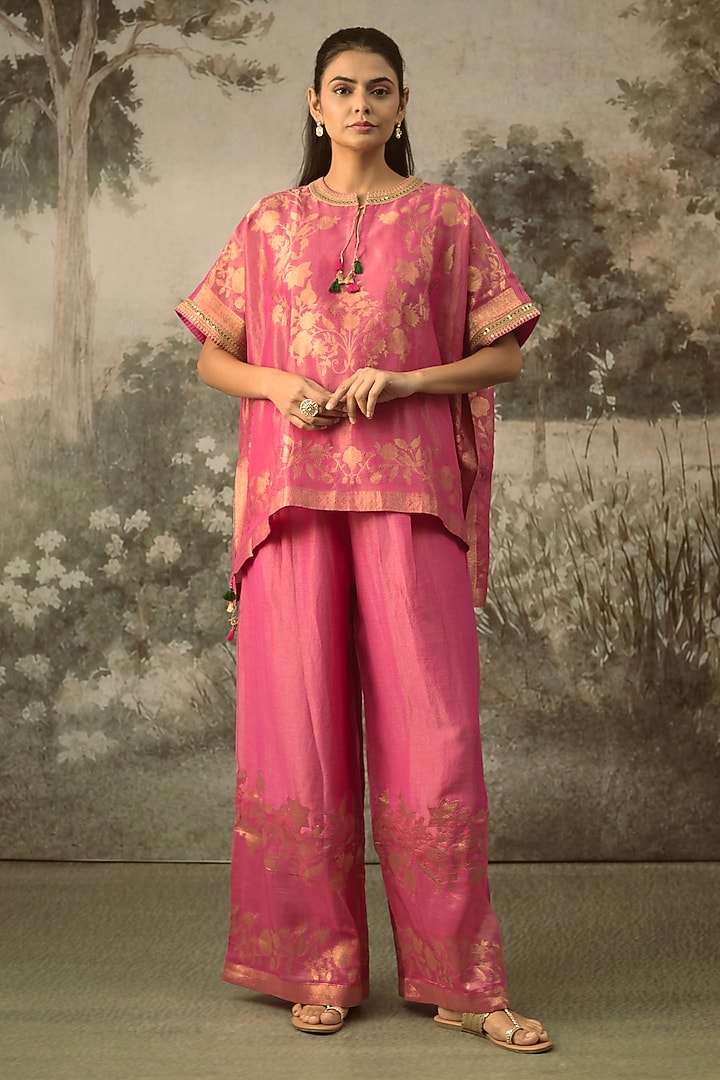 Rani Pink Fine Chanderi Tissue Floral Embroidered Co-Ord Set by SHRADDHA RAMBHIA at Pernia's Pop Up Shop