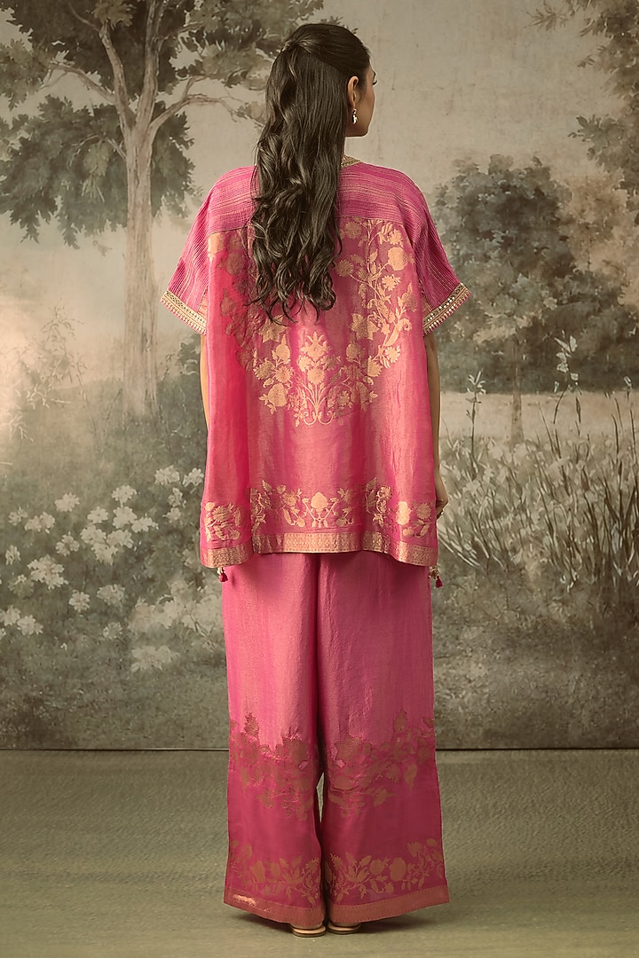 Rani Pink Fine Chanderi Tissue Floral Embroidered Co-Ord Set by SHRADDHA RAMBHIA at Pernia's Pop Up Shop