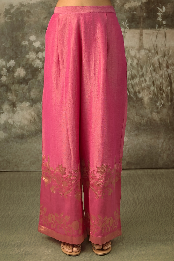 Rani Pink Fine Chanderi Tissue Floral Embroidered Co-Ord Set by SHRADDHA RAMBHIA at Pernia's Pop Up Shop